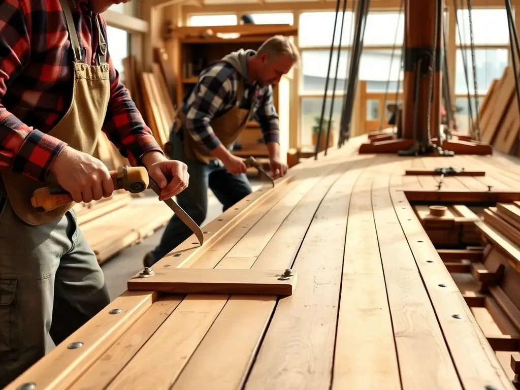 An image showcasing the construction of a custom wooden boat deck, with carpenters carefully fitting planks and ensuring a seamless finish, demonstrating the craftsmanship involved in bespoke construction.