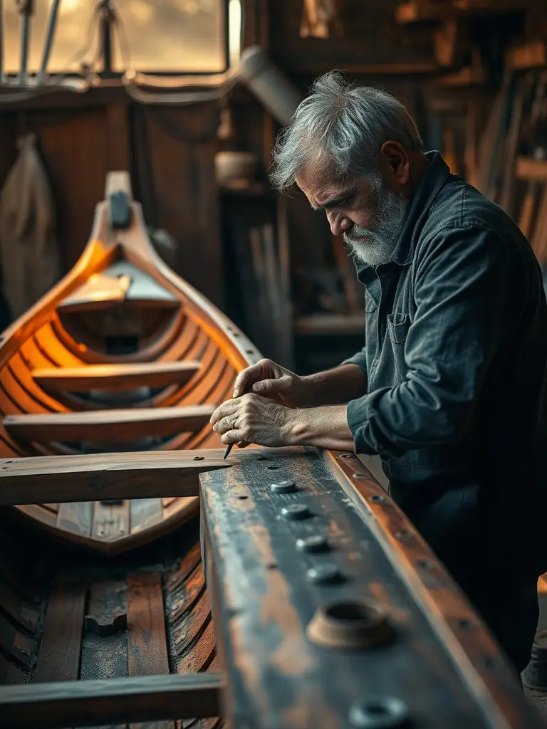 An image of a skilled carpenter carefully repairing a damaged wooden hull of a boat, highlighting the precision and expertise required for such repairs at Carpinteria De Ribera Maestro Tito Lanzarote.